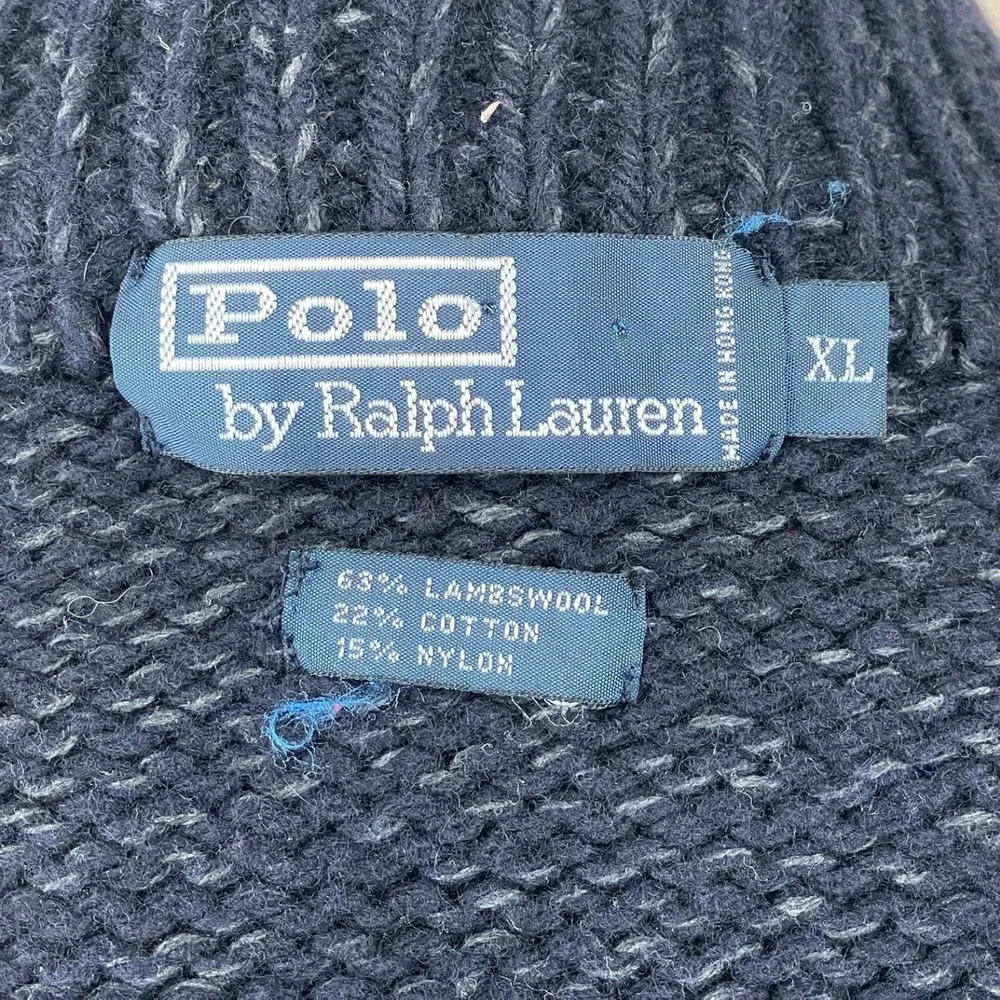 VTG 80s Mens (L) POLO Cardigan Sweater Blue Zip Pockets Grandpa Indie Distressed